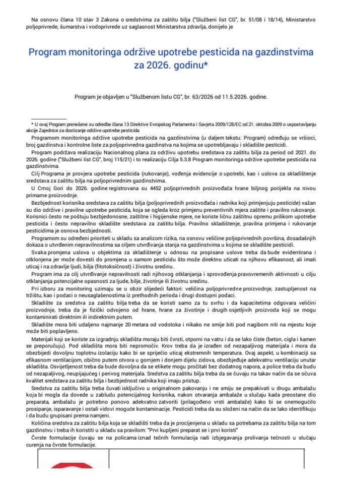 Program monitoringa održive upotrebe pesticida na gazdinstvima za 2026. godinu