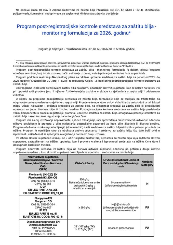 Program post-registracijske kontrole sredstava za zaštitu bilja - monitoring formulacija za 2026. godinu