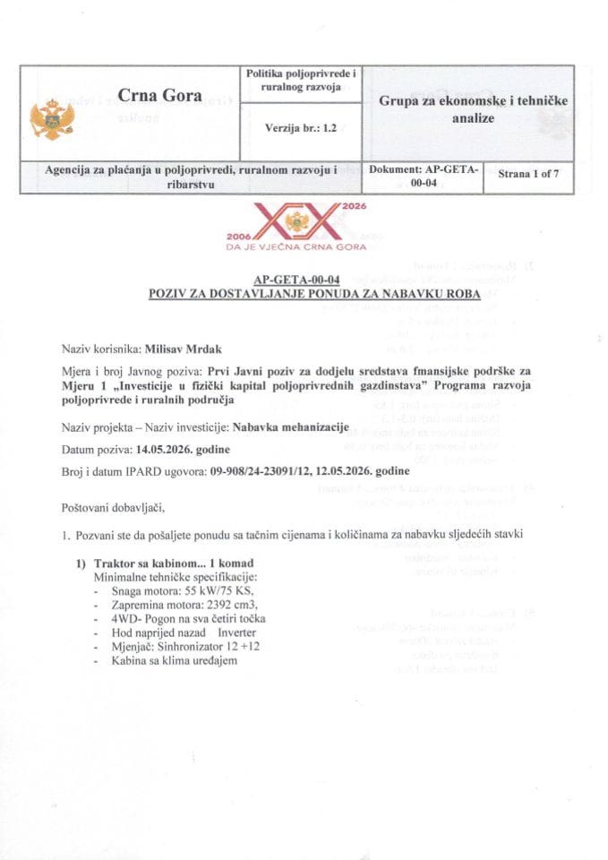 Poziv a dostavljanje ponuda-Milisav Mrdak