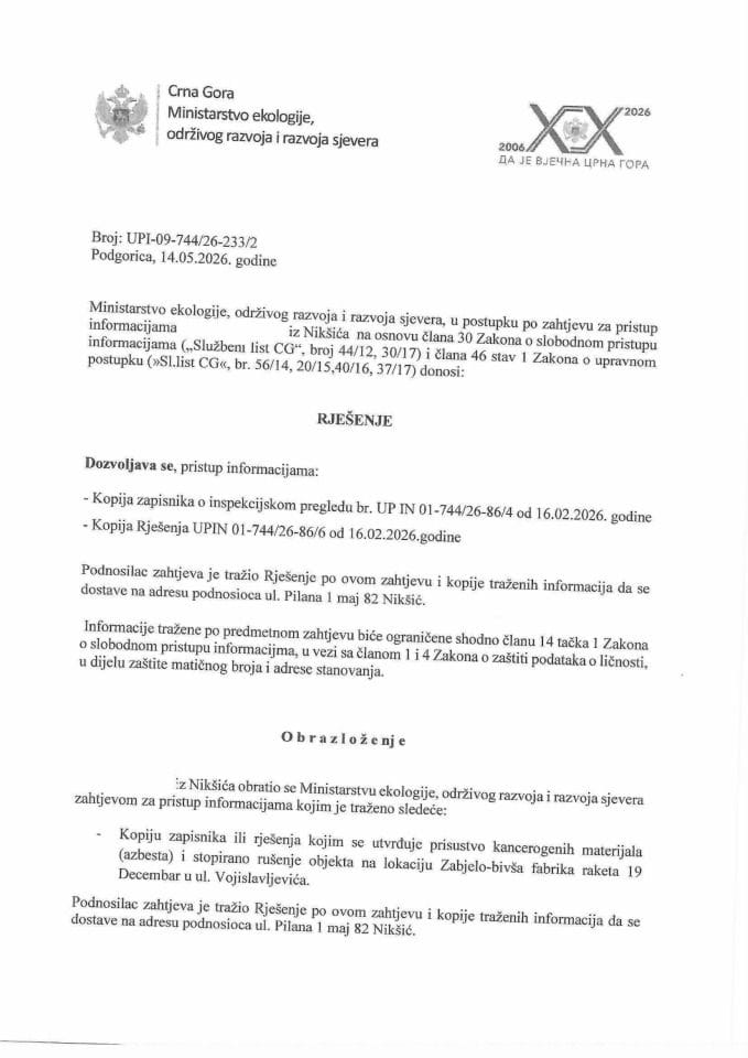 Rješenje fizičko lice br. UPI-09-744-26-233-2 od 14.05.2026.godine
