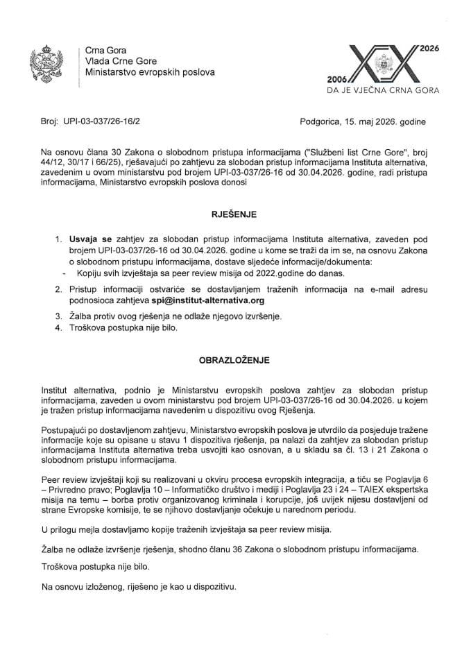 Zahtjev za slobodan pristup informacijama UPI 03-037/26-16/2 Rješenje Institut alternativa