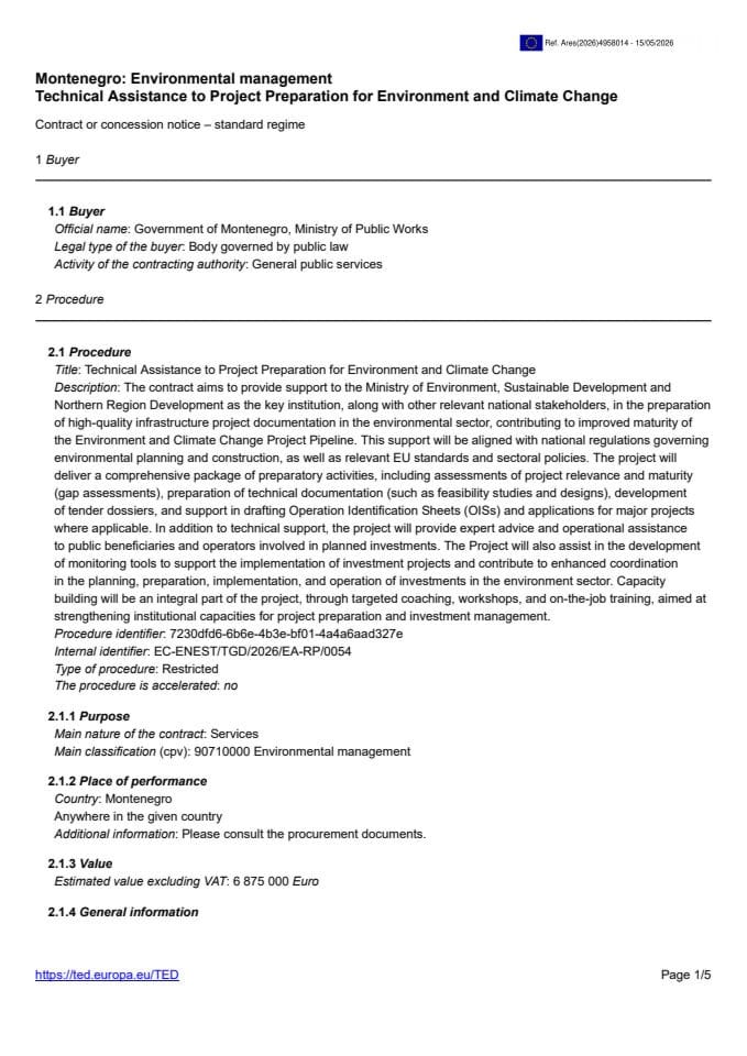 EC-ENEST-TGD-2026-EA-RP-0054 TA to project Preparation for ENV and Climate Change