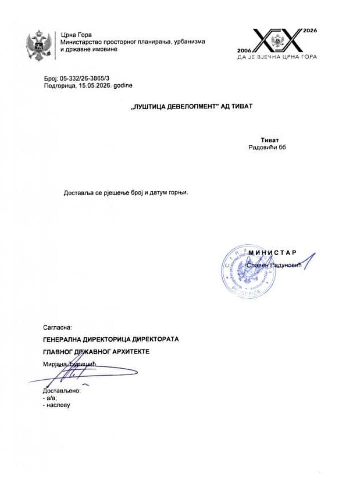 Rješenja glavnog državnog arhitekte - 15.05.2026 Rješenje -LUŠTICA DEVELOPMENT AD, Tivat -Opština Tivat