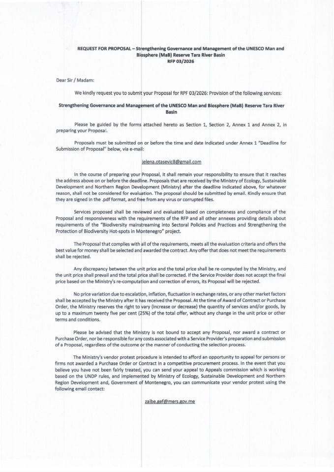 RFP Strenghtening governance and management of UNESCO MAB reserve Tara River Basin