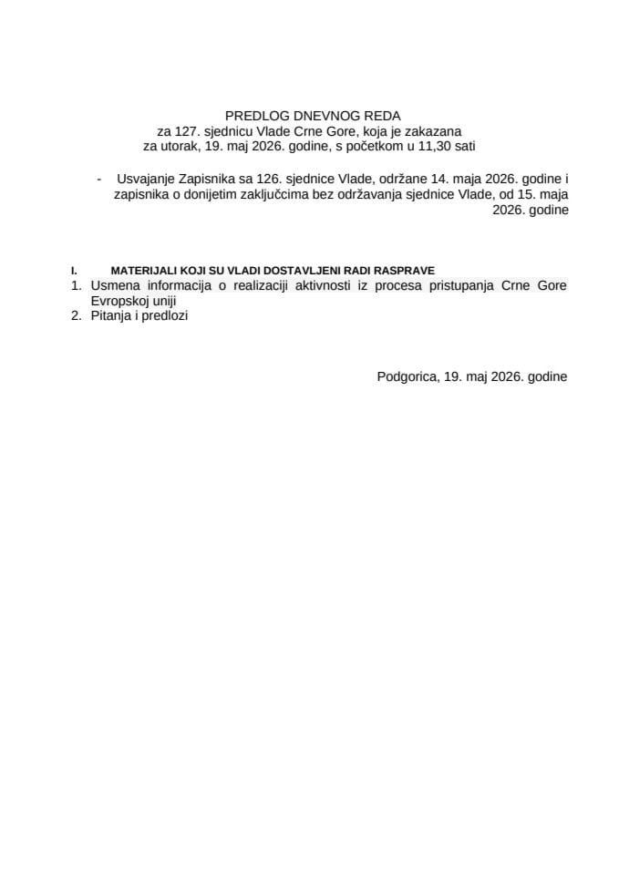 Предлог дневног реда за 127. сједницу Владе Црне Горе