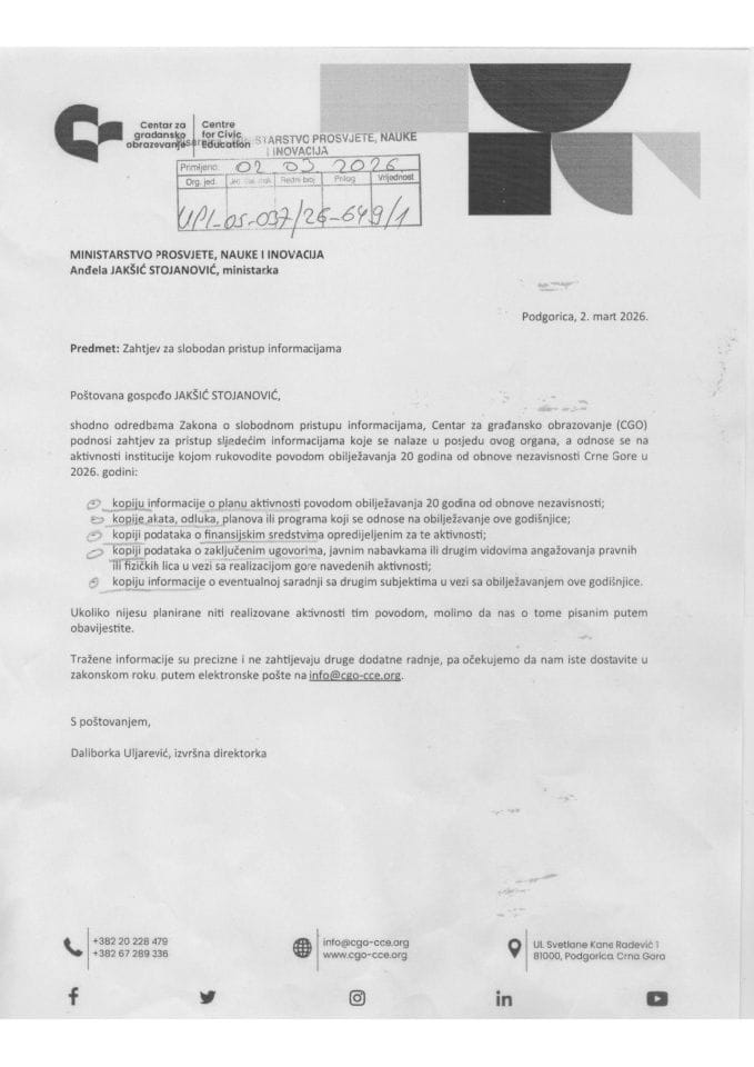 Захтјев и Рјешење о одбијању ЦГО - информација о активностима поводом обиљежавања 20 година од обнове независности ЦГ