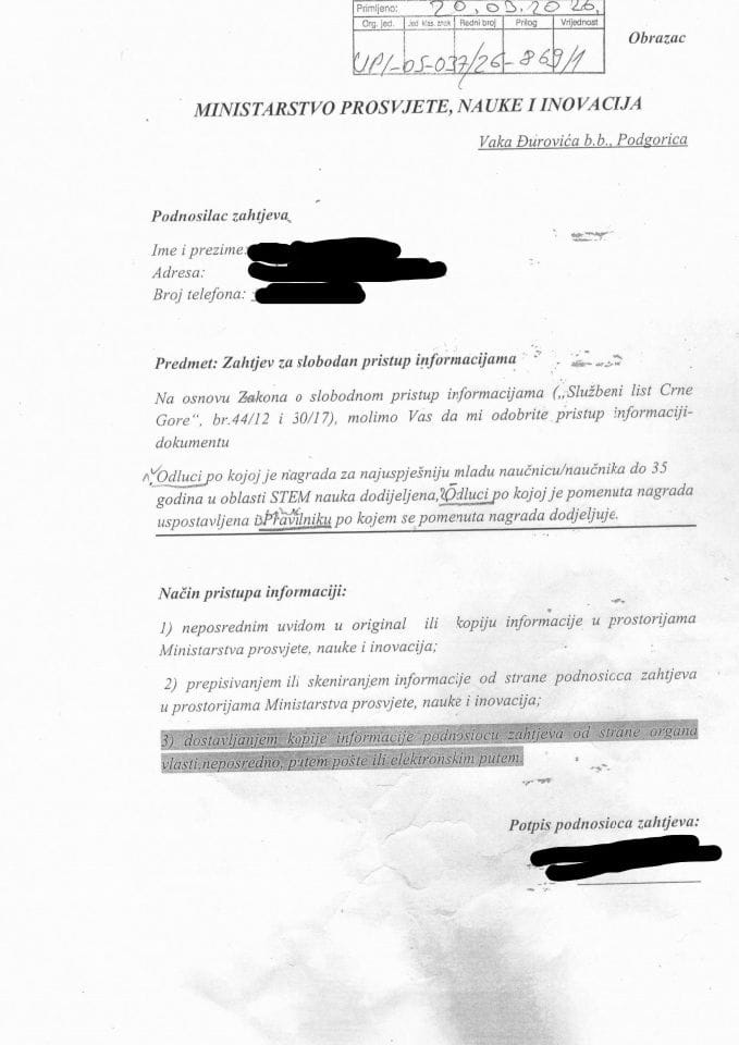Захтјев, Рјешење о дјелимичном усвајању и информација - Одлука о додјели награде за најуспјешнију младу научницунаучника до 35 година у области СТЕМ