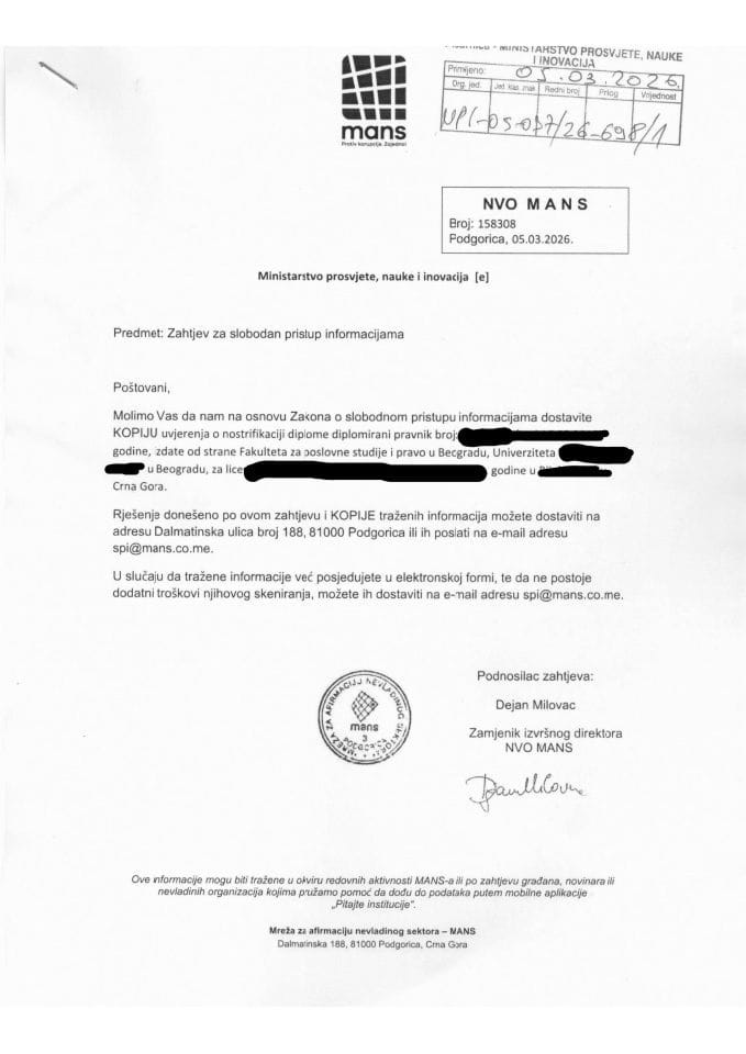 Захтјев, Рјешење о усвајању и информација - копија увјерења о нострификацији дипломе