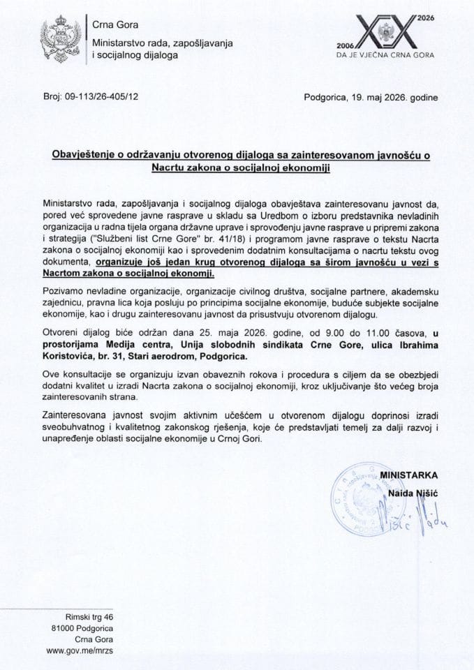 Obavještenje o održavanju otvorenog dijaloga