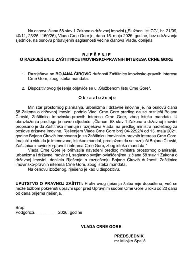 Predlog za razrješenje Zaštitnice imovinsko-pravnih interesa Crne Gore