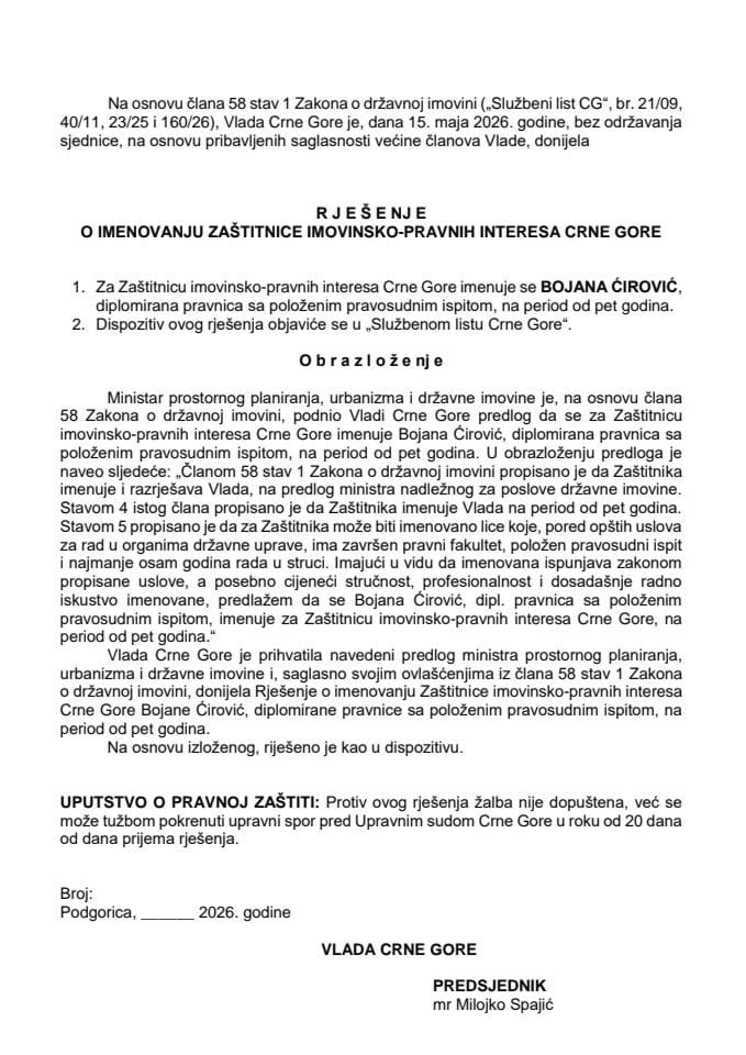 Predlog za imenovanje Zaštitnice imovinsko-pravnih interesa Crne Gore