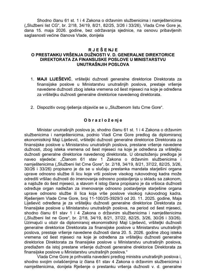 Predlog za prestanak vršenja dužnosti v. d. generalne direktorice Direktorata za finansijske poslove u Ministarstvu unutrašnjih poslova