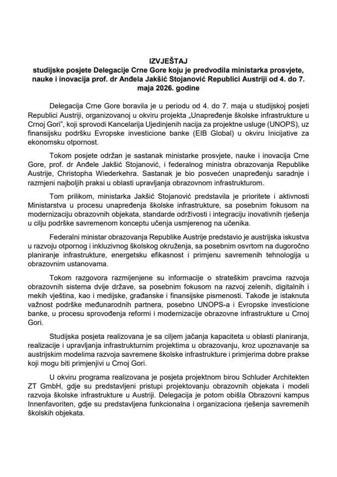 Извјештај са студијске посјете делегације Црне Горе коју је предводила министарка просвјете, науке и иновација проф. др Анђела Јакшић Стојановић Републици Аустрији од 4. до 7. маја 2026. године