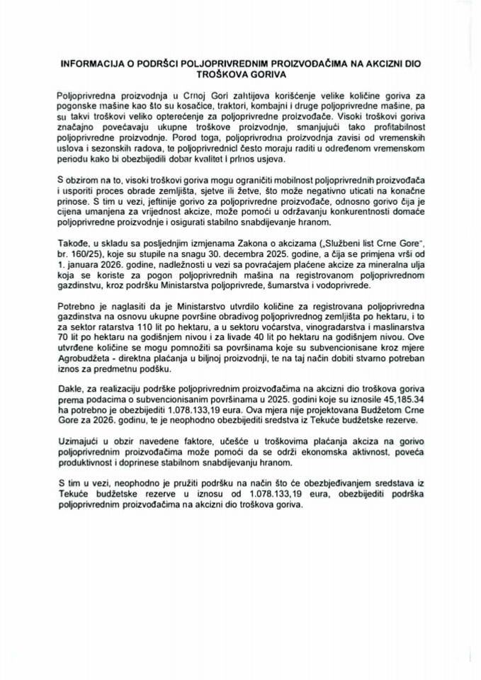 Информација о подршци пољопривредним произвођачима на акцизни дио трошкова горива