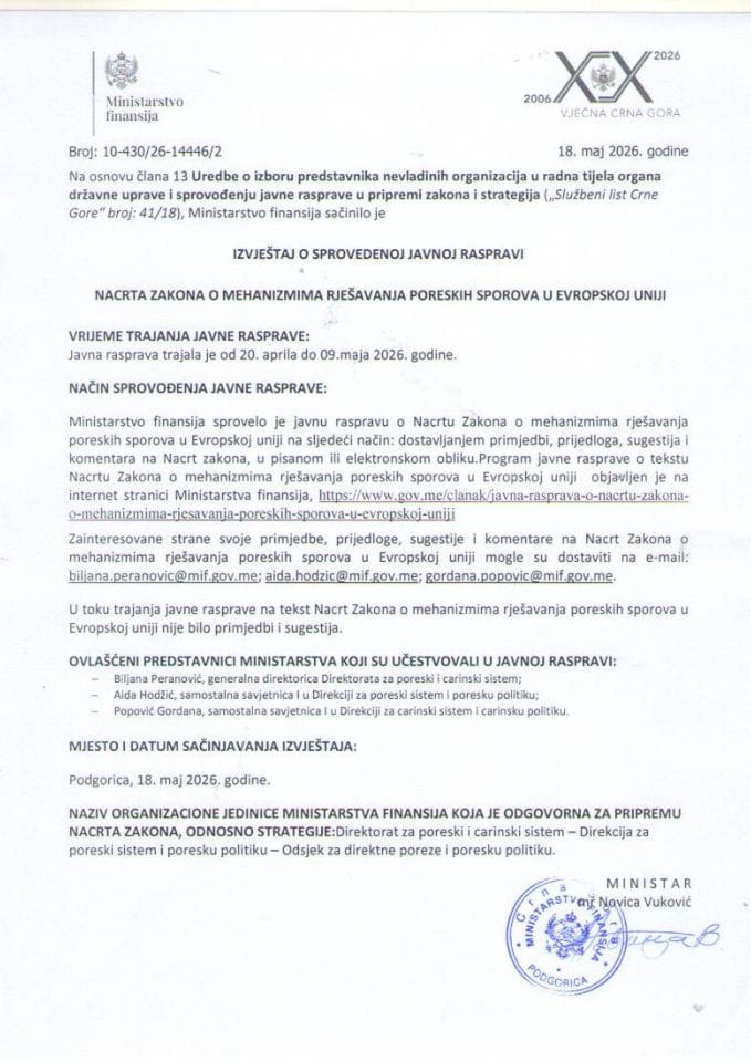 Извјештај о спроведеној јавној расправи на Нацрт Закона о механизмима рјешавања пореских спорова у Европској Унији