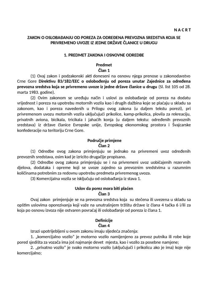 Nacrt Zakona o oslobađanju poreza na privremeni uvoz vozila