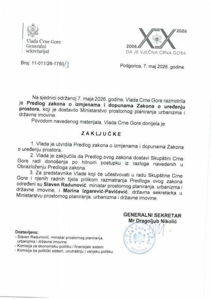 Predlog zakona o izmjenama i dopunama Zakona o uređenju prostora - Zaključci