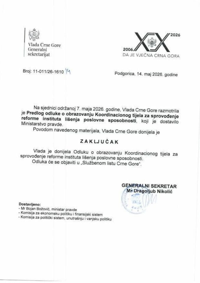 Predlog odluke o obrazovanju Koordinacionog tijela za sprovođenje reforme instituta lišenja poslovne sposobnosti - Zaključci