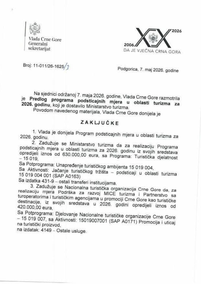 Predlog programa podsticajnih mjera u oblasti turizma za 2026. godinu - Zaključci