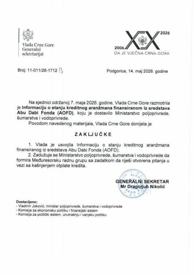 Informacija o stanju kreditnog aranžmana finansiranom iz sredstava Abu Dabi Fonda (ADFD) - Zaključci