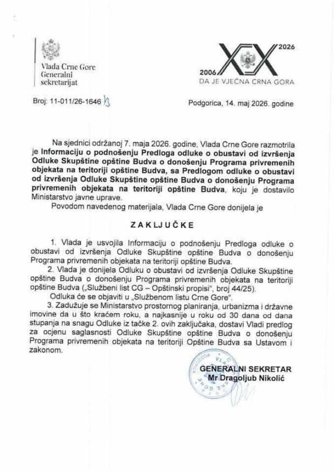 Informacija o podnošenju Predloga odluke o obustavi od izvršenja Odluke Skupštine opštine Budva o donošenju Programa privremenih objekata na teritoriji opštine Budva - Zaključci