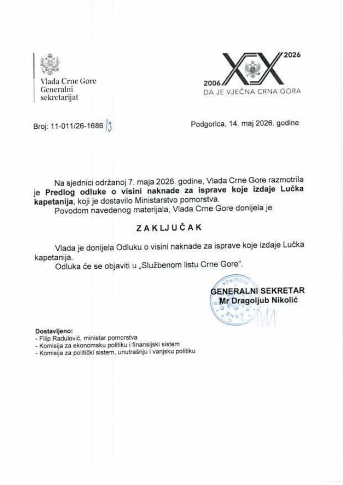 Predlog odluke o visini naknade za isprave koje izdaje Lučka kapetanija -Zaključci