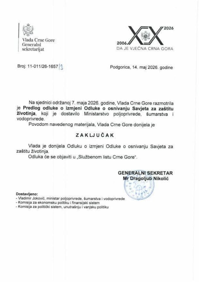 Predlog odluke o izmjeni Odluke o osnivanju Savjeta za zaštitu životinja - Zaključci