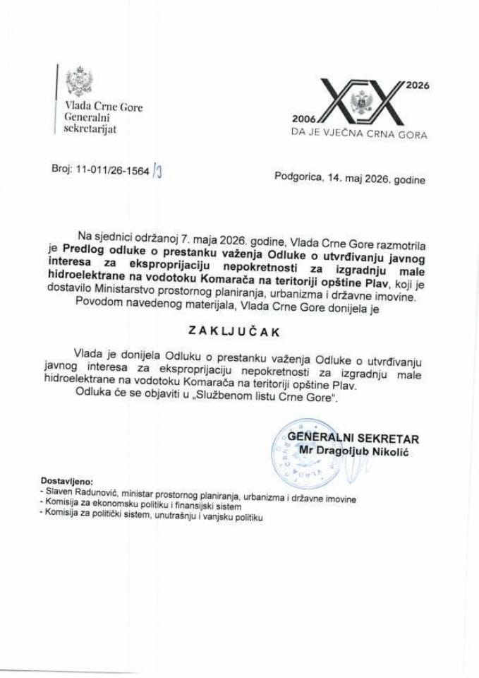 Predlog odluke o prestanku važenja Odluke o utvrđivanju javnog interesa za eksproprijaciju nepokretnosti za izgradnju male hidroelektrane na vodotoku Komarača na teritoriji opštine Plav - Zaključci