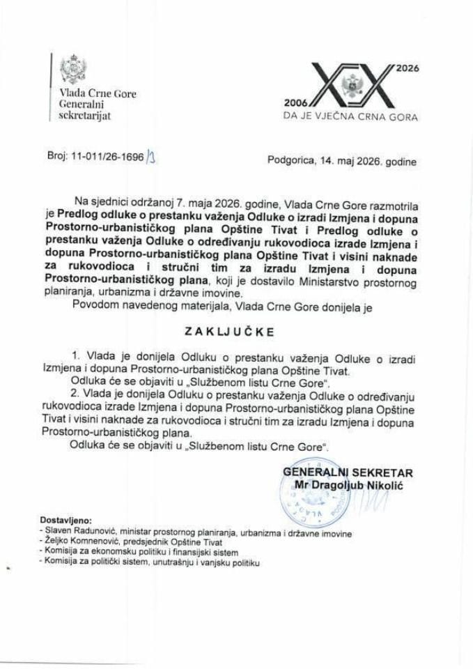 Predlog odluke o prestanku važenja Odluke o izradi Izmjena i dopuna Prostorno-urbanističkog plana Opštine Tivat - Zaključci