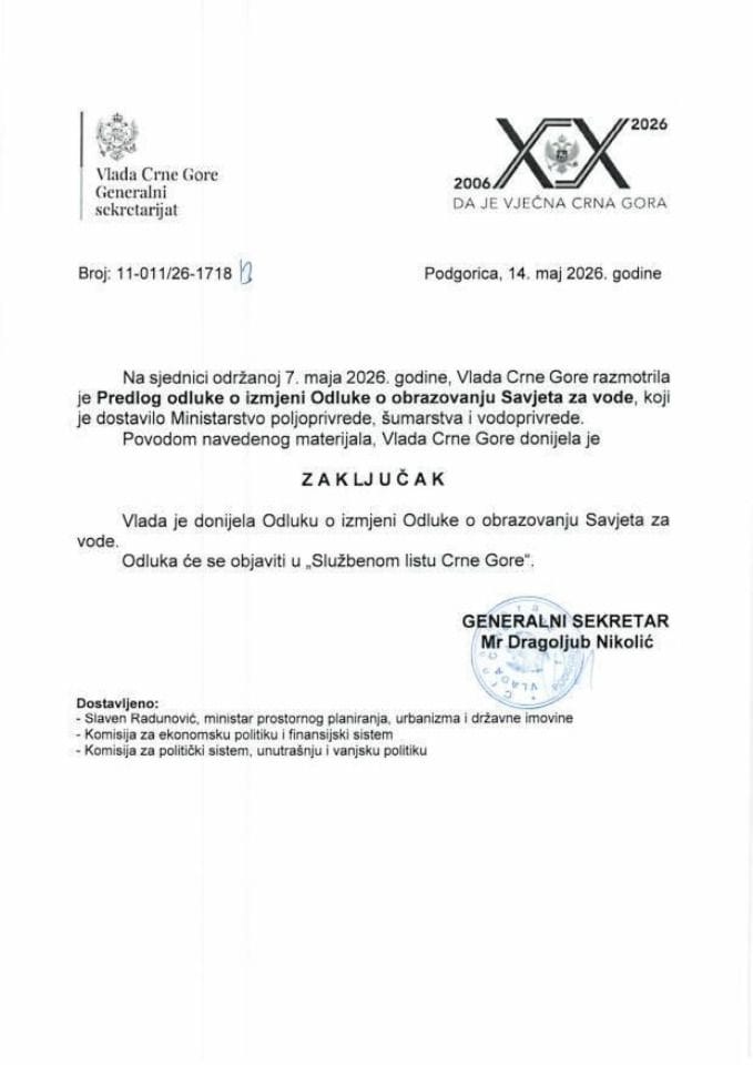 Predlog odluke o izmjeni Odluke o obrazovanju Savjeta za vode - Zaključci