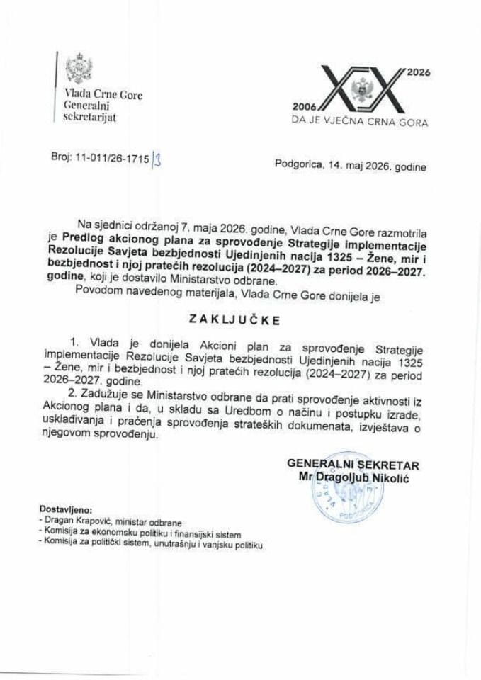 Predlog akcionog plana za sprovođenje Strategije implementacije Rezolucije Savjeta bezbjednosti Ujedinjenih nacija 1325 - Žene, mir i bezbjednost i njoj pratećih rezolucija (2024-2027) za period 2026-2027. godina - Zaključci