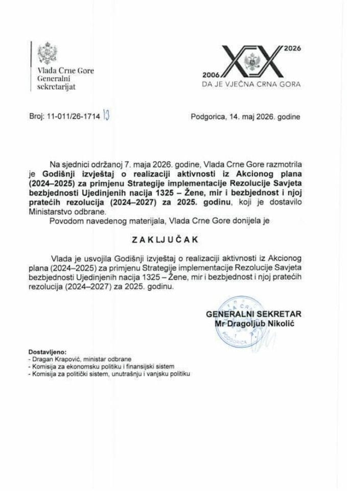 Godišnji izvještaj o realizaciji aktivnosti iz Akcionog plana (2024-2025) za primjenu Strategije implementacije Rezolucije Savjeta bezbjednosti Ujedinjenih nacija 1325 - Žene, mir i bezbjednost i njoj pratećih rezolucija (2024-2027) za 2025. godinu - Zaključci