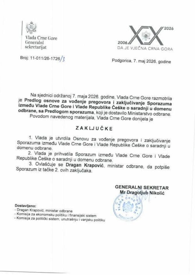 Predlog osnove za vođenje pregovora i zaključivanje Sporazuma između Vlade Crne Gore i Vlade Republike Češke o saradnji u domenu odbrane, sa Predlogom sporazuma - Zaključci