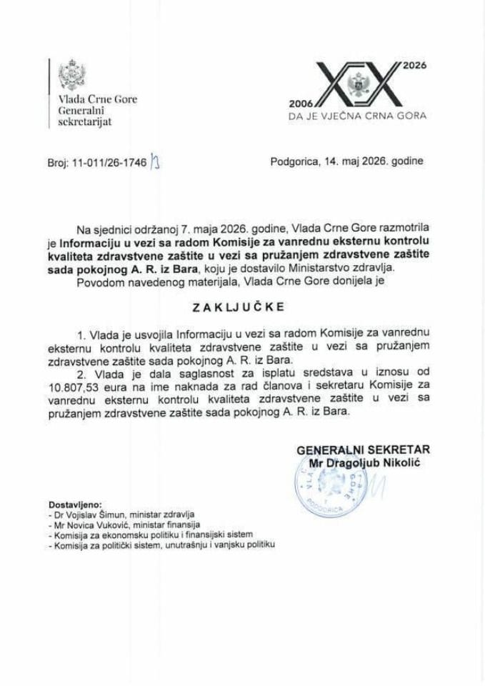 Informacija u vezi sa radom Komisije za vanrednu eksternu kontrolu kvaliteta zdravstvene zaštite u vezi sa pružanjem zdravstvene zaštite sada pokojnog A.R. iz Bara - Zaključci
