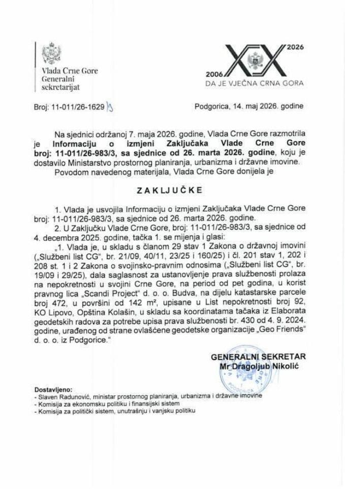 Informacija o izmjeni Zaključaka Vlade Crne Gore broj: 11-011/26-983/3, sa sjednice od 26. marta 2026. godine - Zaključci