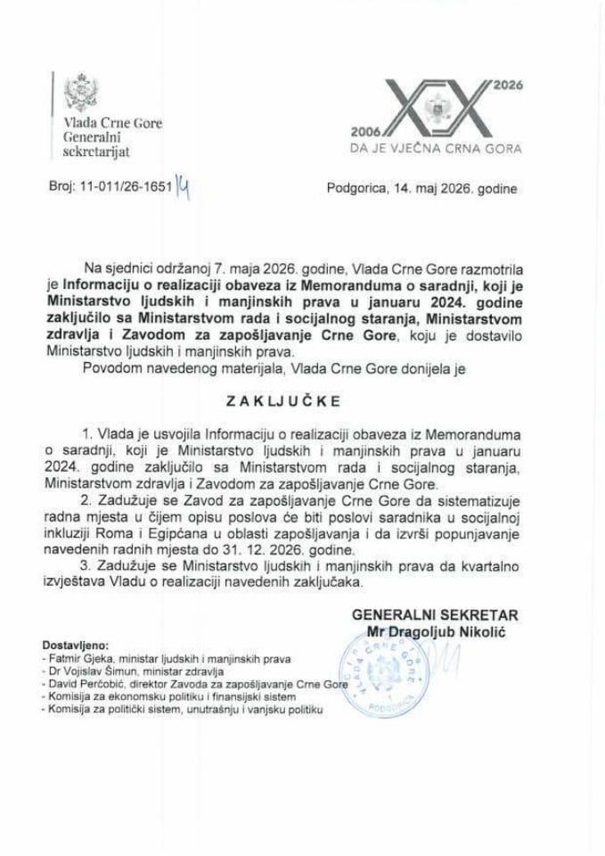 Informacija o realizaciji obaveza iz Memoranduma o saradnji koji je Ministarstvo ljudskih i manjinskih prava u januaru 2024. godine zaključilo sa Ministarstvom rada i socijalnog staranja, Ministarstvom zdravlja i Zavodom za zapošljavanje - Zaključci