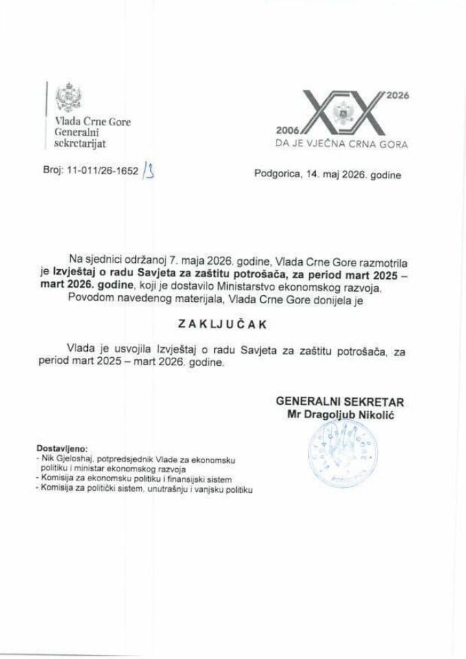 Izvještaj o radu Savjeta za zaštitu potrošača, za period mart 2025 - mart 2026. godine - Zaključci