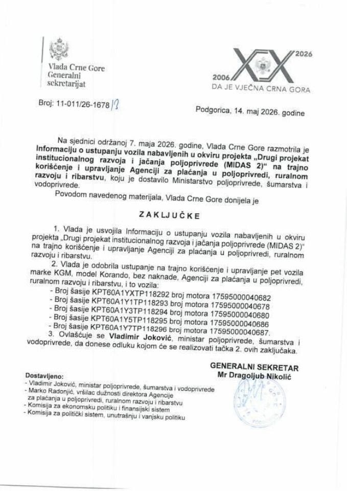 Informacija o ustupanju vozila nabavljenih u okviru projekta „Drugi projekat institucionalnog razvoja i jačanja poljoprivrede (MIDAS 2)“ na trajno korišćenje i upravljanje Agenciji za plaćanja u poljoprivredi, ruralnom razvoju i ribarstvu - Zaključci