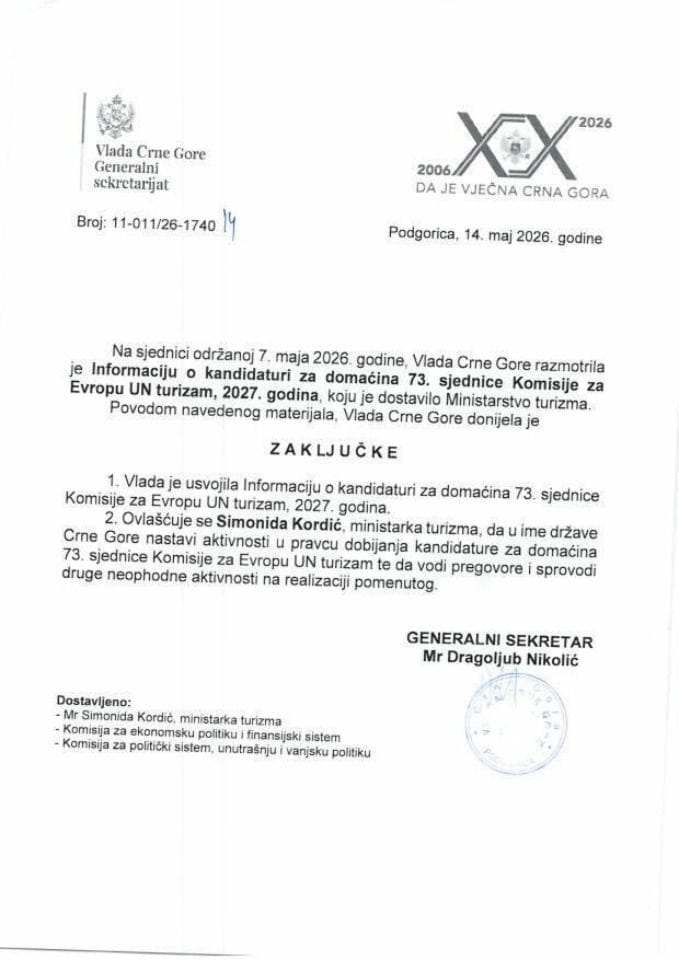 Informacija o kandidaturi za domaćina 73. sjednice Komisije za Evropu UN Turizam, 2027. godina - Zaključci