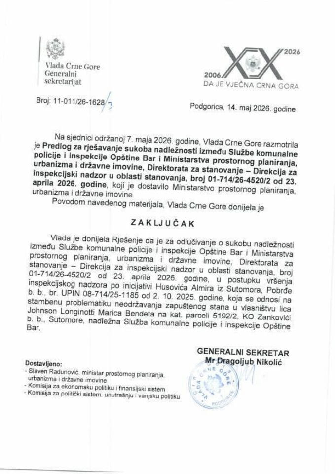 Predlog za rješavanje sukoba nadležnosti između Službe komunalne policije i inspekcije Opštine Bar i Ministarstva prostornog planiranja, urbanizma i državne imovine, Direktorata za stanovanje - Direkcija za inspekcijski nadzor - Zaključci