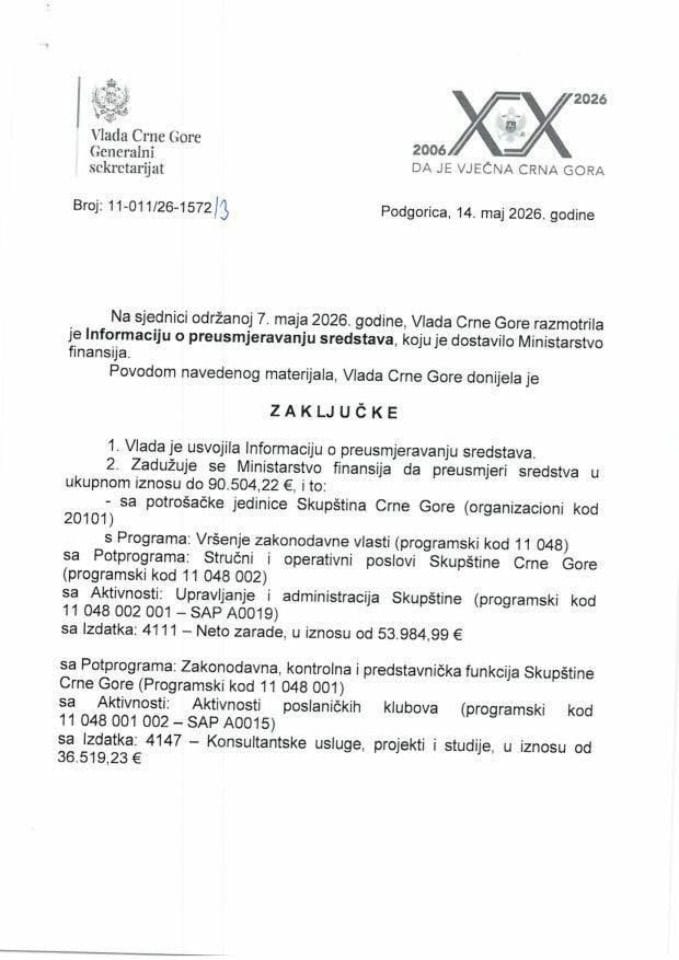 Informacija o preusmjeravanju sredstava - Zaključci