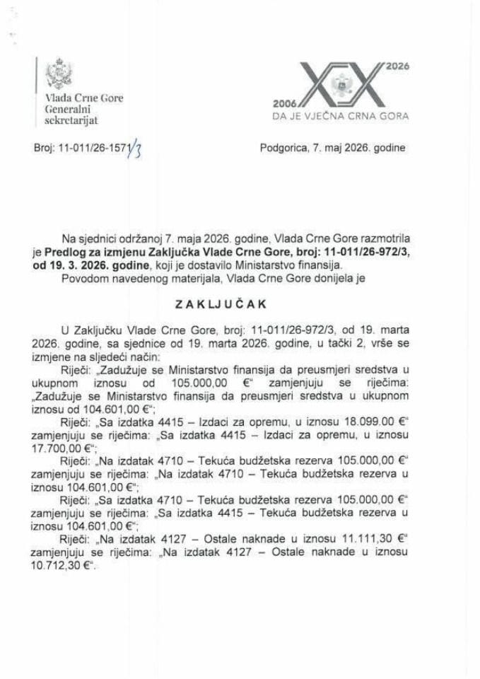 Predlog za izmjenu Zaključka Vlade Crne Gore, broj: 11-011/26-972/3, od 19.03.2026. godine - Zaključci