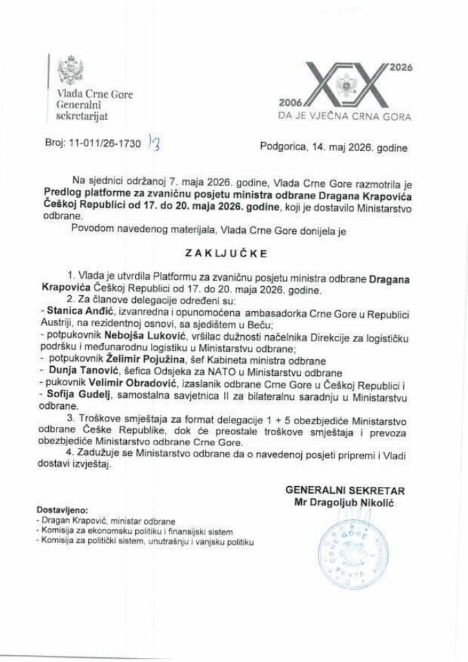 Predlog platforme za zvaničnu posjetu ministra odbrane Dragana Krapovića Češkoj Republici, od 17. do 20. maja 2026. godine - Zaključci