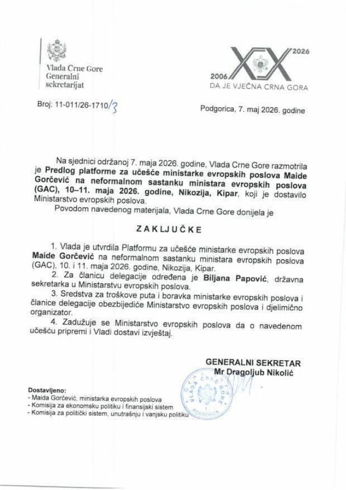 Predlog platforme za učešće ministarke evropskih poslova Maide Gorčević na neformalnom sastanku ministara evropskih poslova (GAC, 10-11. maja 2026. godine, Nikozija, Kipar - Zaključci