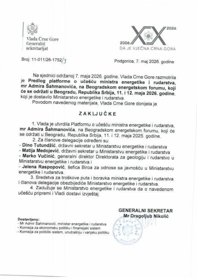 Predlog platforme o učešću ministra energetike i rudarstva mr Admira Šahmanovića na Beogradskom energetskom forumu, koji će se održati u Beogradu, Republika Srbija, 11. i 12. maja 2026. godine - Zaključci