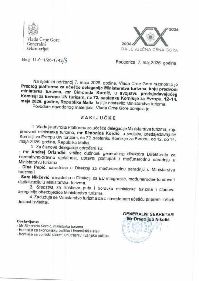 Predlog platforme za učešće delegacije Ministarstva turizma, koju predvodi ministar turizma, mr Simonida Kordić, u svojstvu predsjedavajućeg Komisijom za Evropu UN Turizam, na 72. sastanku Komisije za Evropu, 12–14. maj 2026. godine, Republika Malta - Zaključci