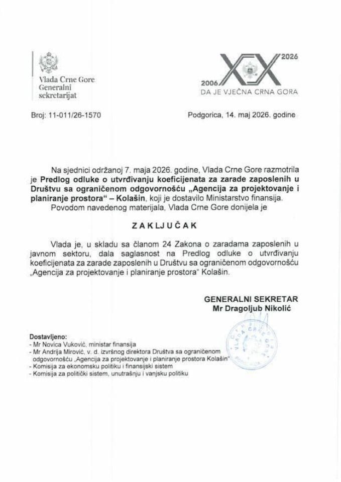 Predlog odluke o utvrđivanju koeficijenata za zarade zaposlenih u Društvu sa ograničenom odgovornošću „Agencija za projektovanje i planiranje prostora“ Kolašin - Zaključci