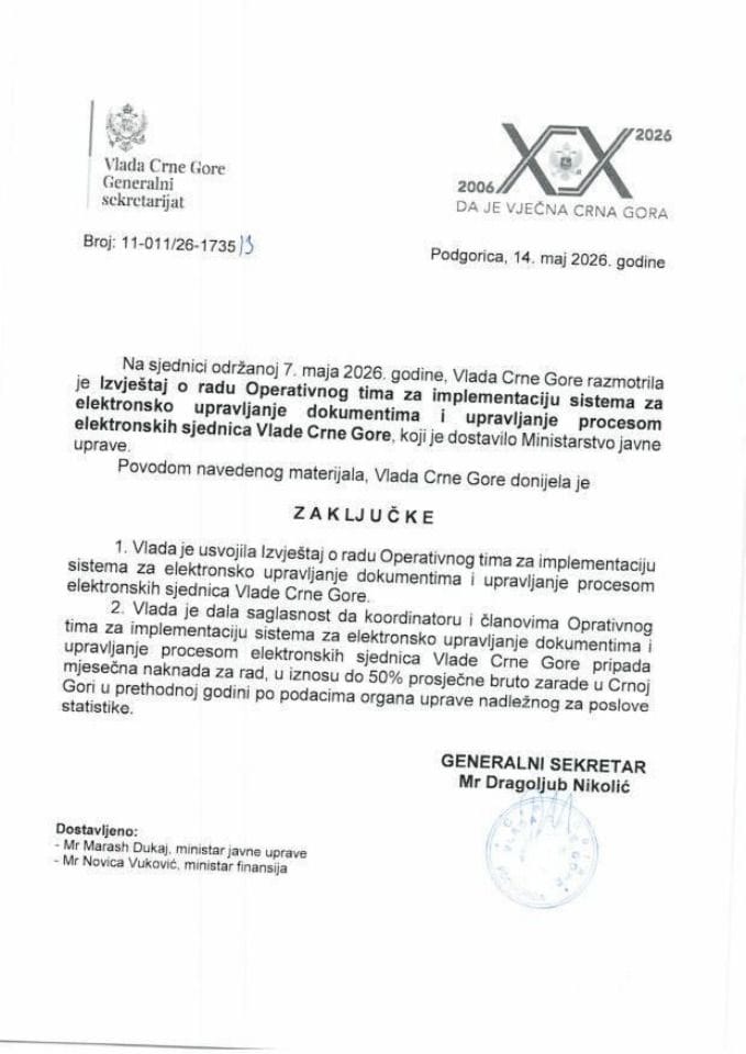 Izvještaj o radu Operativnog tima za implementaciju sistema za elektronsko upravljanje dokumentima i upravljanje procesom elektronskih sjednica Vlade Crne Gore (OT eDMS/eSV) - Zaključci