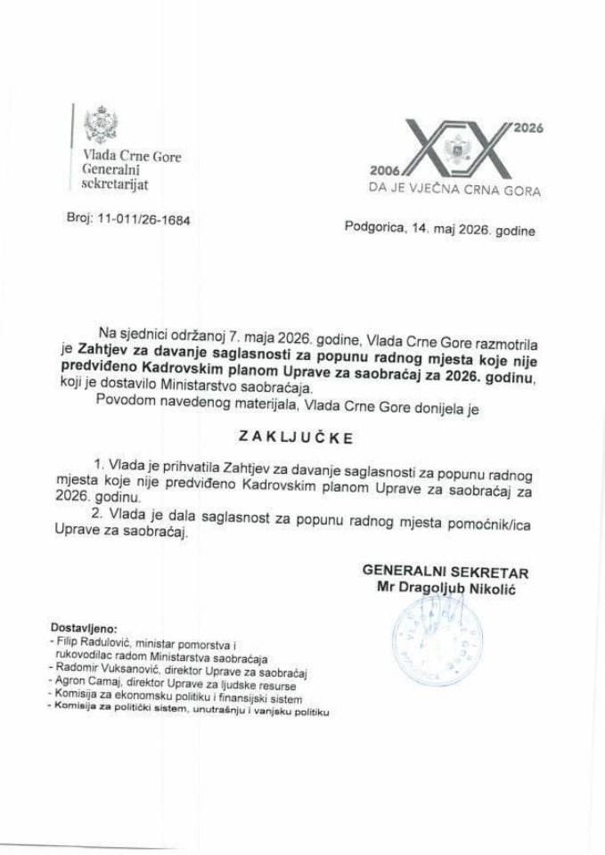 Zahtjev za davanje saglasnosti za popunu radnog mjesta koje nije predviđeno Kadrovskim planom Uprave za saobraćaj za 2026. godinu - Zaključci