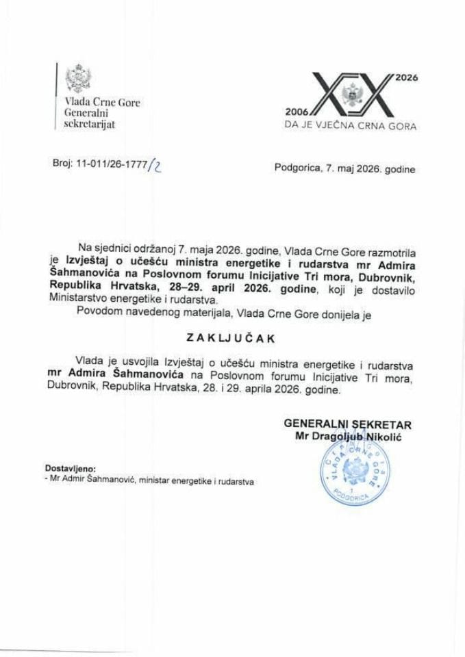 Izvještaj o učešću ministra energetike i rudarstva, mr Admira Šahmanovića, na Poslovnom forumu Inicijative Tri mora, Dubrovnik, Republika Hrvatska, 28 - 29. april 2026. godine - Zaključci